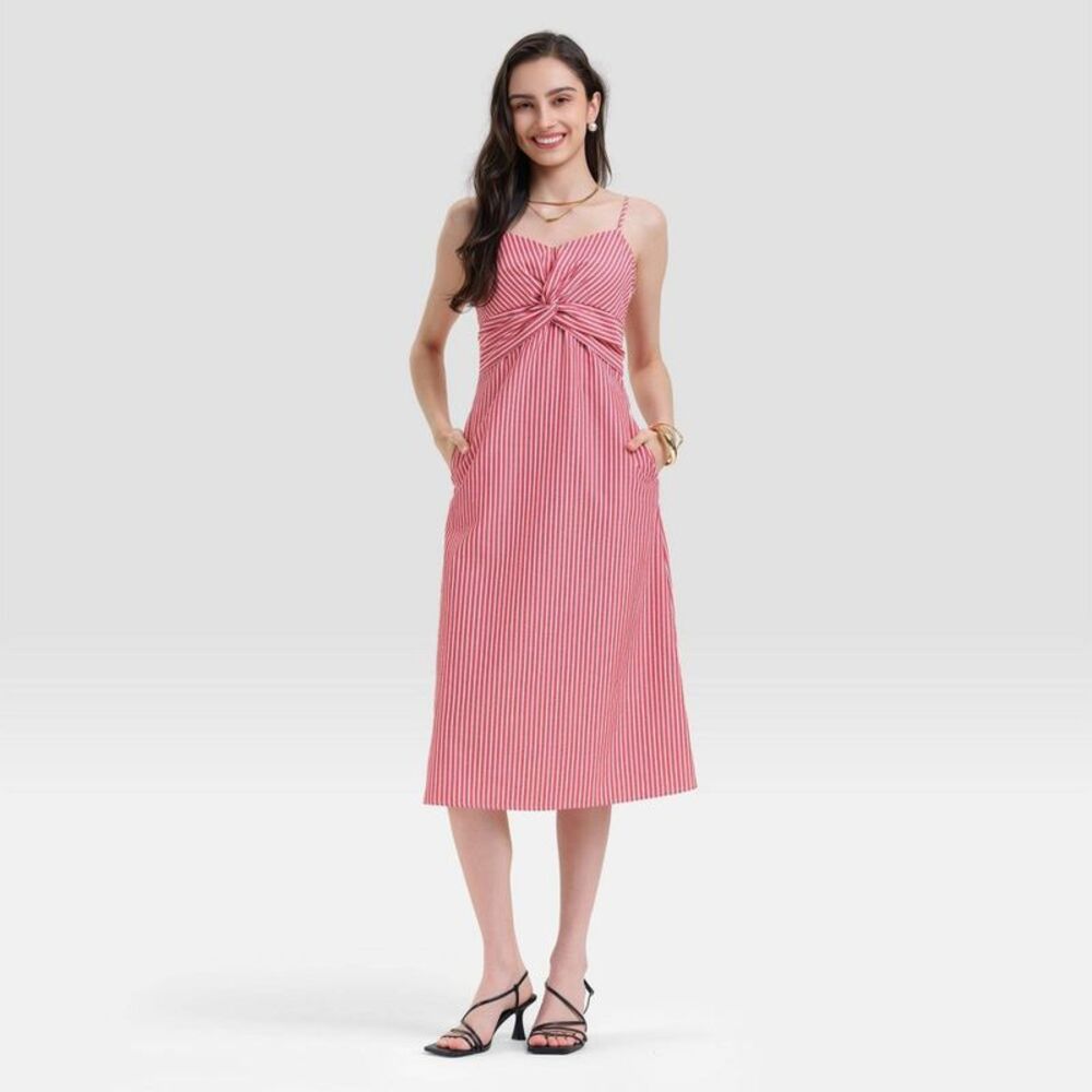 Women's Twist-Front Midi Cami Dress - A New Day Red Striped XXL